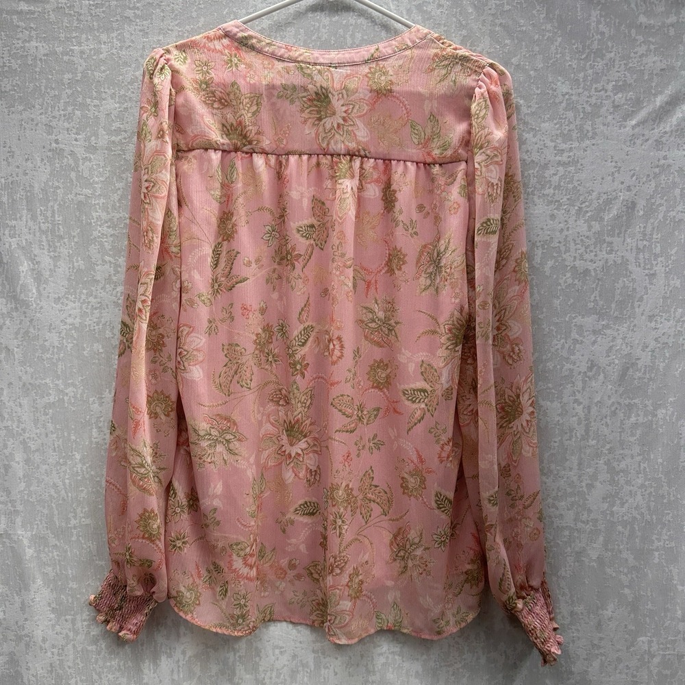 Joie Boho Floral Blouse Women Size M Pink Tie Neck Smocked Cuffs - Picture 2 of 12